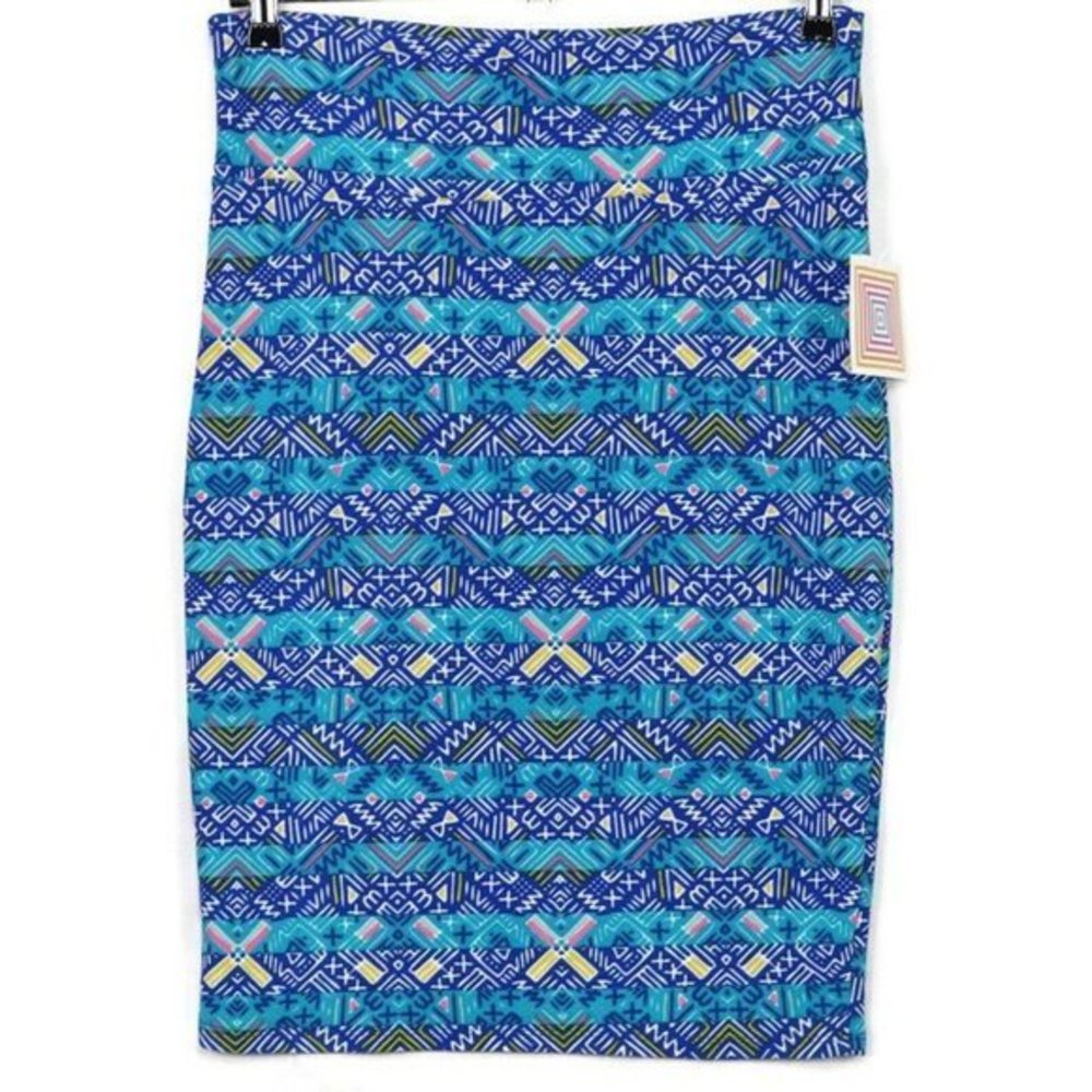 LuLaRoe Cassie Pencil Straight Skirt Blue Teal Stretch Elastic‎ Waist L Large